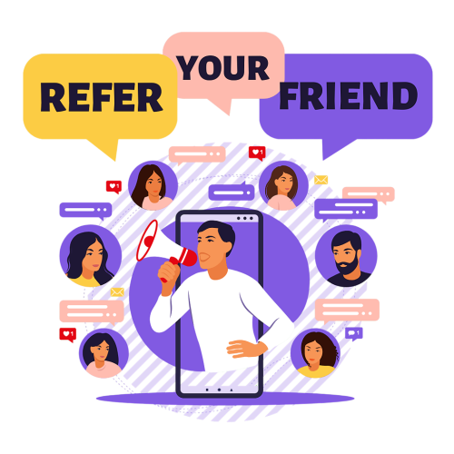 An vector image of a man announcing to other people about referral program on online outrun.